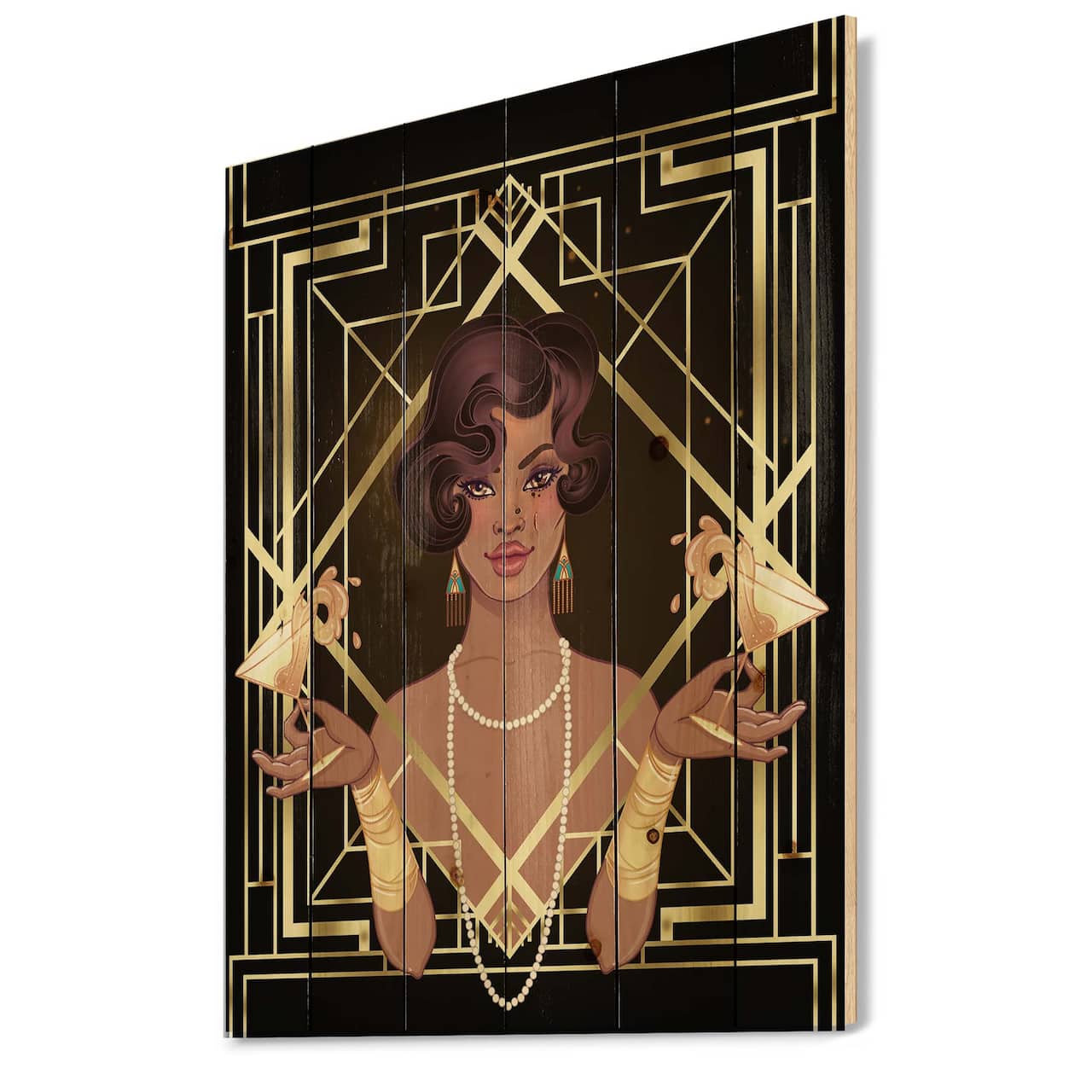 Designart - Retro Women In Golden Art Deco Geometrics I - Modern Print on Natural Pine Wood